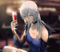 Rule 34 | 1girl, absurdres, alcohol, bad id, bad twitter id, black choker, blue dress, blue eyes, blurry, blurry background, breasts, champagne, champagne flute, choker, cleavage, cup, detached sleeves, dress, drinking glass, earrings, fate/grand order, fate (series), green eyes, grey hair, hair between eyes, highres, jewelry, long hair, looking at viewer, morgan le fay (fate), parted lips, sidelocks, small breasts, smile, solo, strapless, strapless dress, yorukun