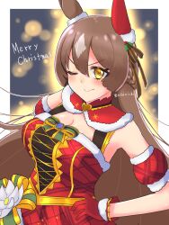 Rule 34 | 1girl, animal ears, bow, braid, breasts, brooch, brown hair, christmas, cleavage, cleavage cutout, closed mouth, clothing cutout, commentary, cosplay, daiwa scarlet (scarlet nuit etoile) (umamusume), daiwa scarlet (umamusume), daiwa scarlet (umamusume) (cosplay), detached sleeves, dress, dress bow, ear covers, echieichi, english text, french braid, fur-trimmed dress, fur trim, green bow, hands on own hips, highres, holly, horse ears, horse girl, jewelry, long hair, looking at viewer, medium hair, merry christmas, one eye closed, plaid, plaid dress, puffy detached sleeves, puffy sleeves, red dress, santa dress, satono diamond (umamusume), single ear cover, smile, solo, standing, twitter username, umamusume, very long hair, yellow eyes