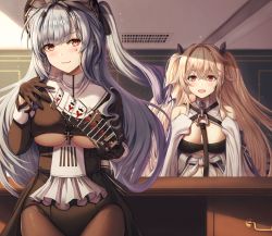 Rule 34 | 2girls, :d, anchorage (azur lane), azur lane, bare shoulders, black legwear, blush, breasts, brown hair, buran (22x), card, crossed bangs, grey hair, hair ornament, highres, large breasts, long hair, long sleeves, looking at viewer, marco polo (azur lane), marco polo (the queen of hearts) (azur lane), multiple girls, official alternate costume, open mouth, playing card, red eyes, side ponytail, sleeves past fingers, sleeves past wrists, smile, underboob