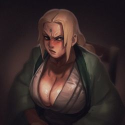 Rule 34 | 1girl, angry, blonde hair, blush, breasts, cleavage, collarbone, facial mark, forehead mark, highres, japanese clothes, large breasts, naruto (series), rayluaza, simple background, sitting, solo, sweat, tsunade (naruto), upper body
