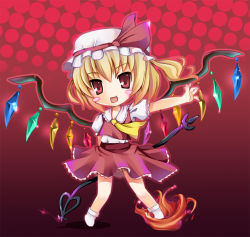 Rule 34 | 1girl, :d, arm behind back, ascot, blonde hair, blouse, blush, chibi, collared shirt, crystal, demon wings, fang, female focus, flandre scarlet, full body, gradient background, hat, laevatein, looking at viewer, mob cap, open mouth, outstretched arm, puffy short sleeves, puffy sleeves, red background, red eyes, red skirt, shirt, short hair, short sleeves, side ponytail, skirt, smile, socks, solo, standing, tareme, tomusooya, touhou, white hat, white shirt, white socks, wings
