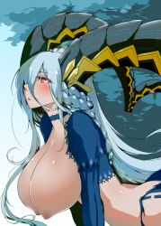 Rule 34 | 1girl, blue choker, blue hair, blush, braid, breasts, breasts out, choker, commentary request, dragon girl, dragon horns, fate/grand order, fate (series), hair between eyes, hanging breasts, horns, huge breasts, leaning forward, long hair, long horns, long sleeves, nipples, qianbi he, red eyes, shrug (clothing), side braid, sidelocks, solo, symbol-shaped pupils, tiamat (fate), very long hair