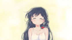 Rule 34 | 1girl, bare arms, bare shoulders, black hair, blush, braid, breasts, closed eyes, closed mouth, dress, facing viewer, hair bobbles, hair ornament, hair over shoulder, highres, long hair, medium breasts, mianbaoshi mengxiang, original, pink background, single braid, smile, solo, sundress, upper body, white dress