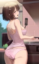 Rule 34 | 1girl, :d, ass, back, blush, breasts, brown hair, butt crack, camisole, cooking, cowboy shot, from behind, gomeifuku, hair ornament, hairclip, highres, holding, indoors, kitchen, large breasts, looking back, narrow waist, no pants, open mouth, original, panties, pink camisole, pink panties, polka dot, polka dot panties, short hair, sideboob, smile, solo, standing, thighs, underwear