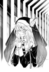 Rule 34 | 1girl, animal ear fluff, animal ears, arknights, bare shoulders, breasts, cleavage, cropped torso, dress, greyscale, hair between eyes, holding, kaleka, lappland (arknights), long hair, long sleeves, looking at viewer, messy hair, monochrome, nail polish, nun, one eye closed, parted lips, rosary, see-through, smile, solo, veil, wolf ears