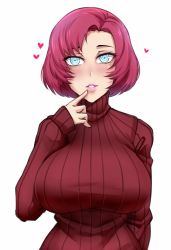 Rule 34 | 1girl, blush, breasts, commentary, finger to mouth, heart, large breasts, lipstick, long sleeves, looking at viewer, makeup, mole, mole under eye, original, parted lips, pink hair, pink lips, red sweater, ribbed sweater, short hair, grey eyes, simple background, sleeves past wrists, solo, sweater, symbol-only commentary, turtleneck, turtleneck sweater, twrlare, upper body, white background