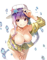 Rule 34 | 10s, 1girl, :d, bare shoulders, bb (fate), bb (fate) (all), bb (swimsuit mooncancer) (fate), bb (swimsuit mooncancer) (first ascension) (fate), braid, breasts, bursting breasts, cleavage, collarbone, commentary, earrings, fate/extra, fate/extra ccc, fate/grand order, fate (series), fingernails, gradient hair, hand on headwear, hand on own hip, hanging breasts, hat, hat ornament, highres, jewelry, large breasts, leaning forward, licking lips, long fingernails, long hair, looking at viewer, miwabe sakura, multicolored hair, nail polish, off shoulder, open mouth, purple eyes, purple hair, simple background, smile, solo, star (symbol), tongue, tongue out, very long hair, water drop, white background
