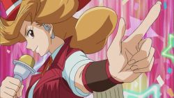 Rule 34 | 1girl, breasts, cowboy hat, female focus, hat, large breasts, light brown hair, melissa claire, microphone, screencap, smile, yu-gi-oh!, yu-gi-oh! arc-v