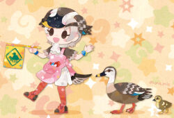 Rule 34 | 1girl, animal, apron, bird, bird girl, bird tail, bird wings, brown background, brown eyes, brown hair, duck, feathered wings, grey hair, head wings, japari symbol, kemono friends, kikuchi milo, looking at viewer, multicolored hair, pantyhose, scarf, shirt, shoes, short hair, shorts, simple background, spot-billed duck (kemono friends), tail, wings, wristband