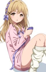 Rule 34 | 1girl, :o, alternate hairstyle, bang dream!, blonde hair, blush, bow, braid, breasts, brown eyes, commentary request, controller, crown braid, feet out of frame, from side, game controller, gamepad, hair bow, hair down, hair ornament, hair ribbon, hands up, highres, holding, holding controller, holding game controller, ichigaya arisa, kneehighs, knees together feet apart, knees up, long hair, long shirt, long sleeves, looking at viewer, looking to the side, loose socks, medium breasts, noshimurin, pink shirt, plaid, plaid bow, plaid ribbon, purple bow, purple ribbon, ribbon, ribbon braid, shirt, simple background, socks, solo, white background, white socks, x hair ornament