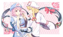 Rule 34 | 2girls, arm garter, blonde hair, blue dress, blue headwear, blush, border, bow, box, breasts, commentary request, diagonal stripes, dress, food, frilled shirt collar, frills, from side, gift, gift box, hair bow, hand up, hat, hat ribbon, heart, highres, holding, holding food, juliet sleeves, leaning forward, long sleeves, looking at another, medium breasts, multiple girls, outside border, parted lips, pink background, pink eyes, pink hair, profile, puffy sleeves, red bow, red ribbon, ribbon, saigyouji yuyuko, short hair, sidelocks, small breasts, striped, striped background, tabard, touhou, triangular headpiece, veil, white border, white dress, white headwear, wide sleeves, yakumo yukari, yellow eyes, yuri, yuriniel