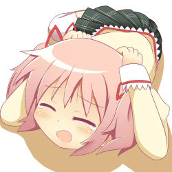 Rule 34 | 10s, 1girl, crying, closed eyes, kaname madoka, lying, mahou shoujo madoka magica, on stomach, open mouth, pink hair, pleated skirt, school uniform, shadow, short twintails, simple background, skirt, solo, tears, thighhighs, twintails, white background, white thighhighs
