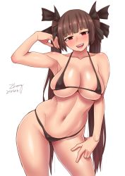 Rule 34 | 1girl, 2016, bikini, black bikini, borrowed character, breasts, brown hair, chieka, dated, hair ribbon, large breasts, long hair, looking at viewer, open mouth, original, red eyes, ribbon, skindentation, smile, solo, swimsuit, twintails, zheng