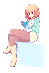 Rule 34 | 1girl, absurdres, black eyes, black thighhighs, boots, earbuds, earphones, fizintine, game console, glasses, green sweater, highres, legs, luna (fizintine), orange hair, original, pillow, rectangular eyewear, side part, sitting, solo, sweater, thighhighs, white background