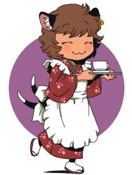 Rule 34 | 1girl, :3, alternate costume, animal ears, apron, blush, brown hair, cat ears, cat girl, cat tail, chen, closed eyes, cup, female focus, full body, japanese clothes, kimono, maid, multiple tails, no headwear, onikobe rin, short hair, solo, tail, teacup, touhou, tray, wa maid