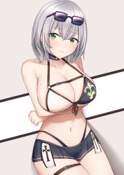 Rule 34 | 1girl, absurdres, alternate costume, blush, breasts, cleavage, green eyes, highres, hololive, kenken (keuken), large breasts, looking at viewer, mole, mole on breast, navel, shirogane noel, shirogane noel (summer 2020), short hair, silver hair, smile, solo, swimsuit, thigh strap, virtual youtuber