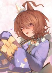 Rule 34 | 1girl, absurdres, agnes tachyon (umamusume), ahoge, animal ears, box, brown hair, commentary request, earrings, gift, hair between eyes, highres, holding, holding gift, horse ears, horse girl, huge ahoge, japanese clothes, jewelry, kimono, long hair, long sleeves, looking at viewer, red eyes, shirt, short hair, single earring, sleeves past fingers, sleeves past wrists, smile, solo, tonariuta, umamusume