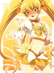 Rule 34 | 10s, 1girl, bad id, bad pixiv id, blonde hair, blush, bow, brooch, cure sunshine, heart, heart brooch, heartcatch precure!, jewelry, long hair, magical girl, meimone, midriff, myoudouin itsuki, navel, nervous, orange bow, orange eyes, orange skirt, precure, skirt, solo, twintails, wrist cuffs, yellow background, yellow bow, yellow eyes, yellow theme