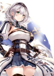 Rule 34 | 1girl, armor, banner, belt, black gloves, blush, braid, breasts, cleavage, fingerless gloves, gloves, green eyes, hair between eyes, hand on hilt, hand on own hip, highres, hololive, large breasts, looking at viewer, mole, mole on breast, pouch, shirogane noel, shirogane noel (1st costume), short hair, silver hair, smile, solo, soraneko hino, virtual youtuber