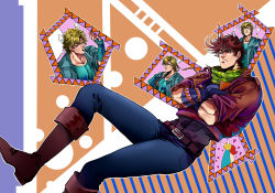 Rule 34 | absurdres, battle tendency, blonde hair, boots, brown hair, caesar anthonio zeppeli, chibi, chibi inset, cover image, cropped jacket, crossed arms, detached wings, edwintarm, facial mark, fingerless gloves, frown, gloves, green eyes, green jacket, head wings, headband, hetero, highres, inset, jacket, jojo no kimyou na bouken, joseph joestar, joseph joestar (young), leather, leather jacket, male focus, middle finger, mini wings, pout, scarf, striped clothes, striped scarf, wings