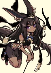 Rule 34 | 1girl, absurdres, animal ears, ankh, armlet, bare shoulders, bike shorts, black hair, black legwear, blunt bangs, bracelet, closed mouth, collar, commentary, copyright request, dark-skinned female, dark skin, earrings, frown, grey shorts, hair ornament, highres, holding, holding staff, jewelry, kneeling, long hair, looking at viewer, necklace, original, purple eyes, samei ikusa, short eyebrows, shorts, simple background, solo, staff, thick eyebrows, toeless legwear, toes, white background
