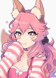 Rule 34 | 10s, animal ears, bad id, bad pixiv id, bra, breasts, casual, cleavage, collarbone, fate/extra, fate/grand order, fate (series), fox ears, fox tail, heart, highres, kisaragi yuu (fallen sky), large breasts, looking at viewer, official alternate costume, open clothes, open shirt, pink bra, pink hair, shirt, simple background, striped clothes, striped shirt, tail, tamamo (fate), tamamo no mae (fate/extra), tamamo no mae (spring casual) (fate), underwear, white background, yellow eyes
