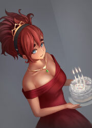 Rule 34 | 1girl, absurdres, alternate hairstyle, aqua eyes, bare shoulders, birthday, black hairband, breasts, cake, candle, cleavage, commentary request, dress, dutch angle, english text, fire, fire, food, grey background, gundam, gundam suisei no majo, hair between eyes, hairband, happy birthday, highres, jewelry, looking at viewer, medium breasts, necklace, red dress, red hair, shorts, slothdev (yat1215), smile, solo, strapless, strapless dress, suletta mercury, thick eyebrows, tiara, white shorts
