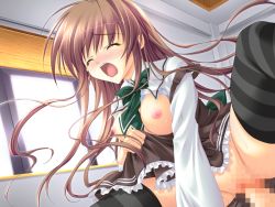 Rule 34 | 1girl, akane-iro ni somaru saka, blush, breasts, brother and sister, brown hair, censored, cowgirl position, game cg, girl on top, incest, long hair, nagase minato, open mouth, school uniform, sex, siblings, sister, straddling, thighhighs, vaginal
