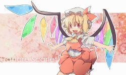 Rule 34 | 1girl, ascot, blonde hair, character name, citolo, flandre scarlet, hat, open mouth, outstretched arms, red eyes, short hair, side ponytail, skirt, skirt set, smile, solo, touhou, wings