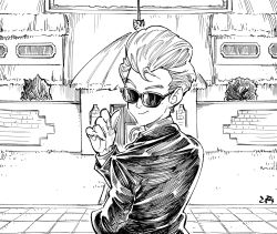 Rule 34 | 1boy, announcer (dragon ball), black shirt, black theme, building, dragon ball, dragon ball (classic), dragonball z, fingernails, formal, greyscale, highres, jacket, looking at viewer, looking back, male focus, monochrome, outdoors, shirt, short hair, simple background, smile, solo, suit, sunglasses, upper body, white background, white theme