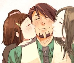 Rule 34 | 10s, 1boy, 2girls, age difference, bad id, bad pixiv id, braid, braided bangs, brown hair, cheek kiss, citric512, double cheek kiss, closed eyes, facial hair, family, father and daughter, girl sandwich, hair ornament, hairclip, kaburagi kaede, kaburagi t. kotetsu, kaburagi tomoe, kiss, kissing cheek, long hair, multiple girls, necktie, one side up, sandwiched, short hair, side ponytail, stubble, tiger &amp; bunny, vest, waistcoat