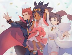 Rule 34 | 1boy, 2girls, arm up, belt, cape, closed mouth, coat, commentary, creatures (company), dark-skinned female, dark skin, diantha (pokemon), dress, english commentary, eyelashes, eyeshadow, game freak, hair tie, hand grab, holding hands, iris (pokemon), jacket, lance (pokemon), long hair, long sleeves, makeup, mootecky, multiple girls, nintendo, open mouth, pants, parted lips, pokemon, pokemon bw2, pokemon hgss, pokemon masters ex, pokemon xy, red hair, sandals, short hair, smile, spiked hair, spread fingers, sweatdrop, teeth, tiara, toes, tongue, white coat, wide sleeves