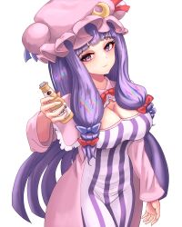 Rule 34 | 1girl, absurdres, beer bottle, blunt bangs, bottle, bow, bowtie, breasts, capelet, cleavage, closed mouth, commentary, cowboy shot, crescent, crescent hat ornament, dress, english commentary, fyretrck26, hair bow, hat, hat ornament, hat ribbon, highres, holding, holding bottle, large breasts, light smile, long hair, looking at viewer, mob cap, patchouli knowledge, purple bow, purple eyes, purple hair, purple ribbon, red bow, red bowtie, red ribbon, ribbon, robe, solo, striped clothes, striped dress, touhou, transparent background, vertical-striped clothes, vertical-striped dress, very long hair, wide sleeves