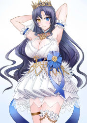 Rule 34 | 1girl, arm strap, armpits, arms behind head, azur lane, blue bow, blue eyes, bow, breasts, cleavage, commentary request, crown, dress, facial mark, forehead mark, heterochromia, highres, huge breasts, long hair, looking at viewer, official alternate costume, purple hair, roma (azur lane), roma (white heron of darkest night) (azur lane), sai-go, short dress, smile, solo, thigh strap, wavy hair, white dress, yellow eyes