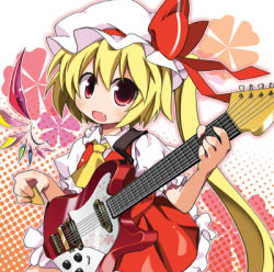 Rule 34 | 1girl, blonde hair, electric guitar, female focus, flandre scarlet, guitar, instrument, long hair, lowres, plectrum, red eyes, side ponytail, solo, embodiment of scarlet devil, tomatomato (tomato kanzume), touhou, very long hair, wings