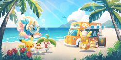 :3 alolan_form alolan_raichu alolan_raichu_(pancake_chef) artist_request beach blush blush_stickers character-themed_food chef_hat closed_eyes closed_mouth cloud creatures_(company) day eevee floating flower food food_truck game_freak gen_1_pokemon gen_7_pokemon hat highres mountain nintendo no_humans official_art open_mouth outdoors palm_tree pancake pancake_stack pikachu pokemon pokemon_(creature) pokemon_cafe_remix red_flower sand shirt smile star_(symbol) steenee sunlight table third-party_source tree vaporeon vaporeon_(tropical) water white_hat white_shirt