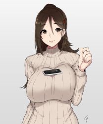 Rule 34 | 10s, 1girl, absurdres, alternate costume, amagi (kancolle), arm at side, arm up, breasts, brown eyes, brown hair, cellphone, grey background, hair between eyes, hair ornament, hairclip, hayabusa (vert 320), highres, huge breasts, kantai collection, light smile, long hair, looking at viewer, matching hair/eyes, mole, mole under eye, object on breast, phone, ponytail, ribbed sweater, simple background, smartphone, solo, sweater, tawawa challenge, turtleneck, upper body