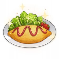 Rule 34 | artist request, cherry tomato, commentary, english commentary, food, food focus, game cg, genshin impact, ketchup, lettuce, lowres, no humans, official art, omelet, omurice, plate, simple background, sparkle, still life, third-party source, tomato, transparent background
