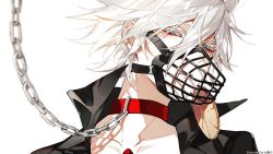 Rule 34 | 1boy, alternate costume, animal collar, bishounen, blue eyes, collar, earrings, fate/apocrypha, fate/extella, fate/extra, fate/extra ccc, fate/grand order, fate (series), jewelry, karna (fate), looking at viewer, male focus, muzzle, short hair, simple background, solo, sqloveraven, upper body, white background, white hair