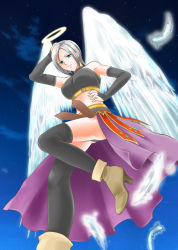 Rule 34 | 1girl, angel wings, blue eyes, boots, breasts, bridal gauntlets, choker, dragon quest, dragon quest ix, elbow gloves, gloves, halo, high heels, large breasts, level-5, midriff, ooshima towa, pteruges, raviel, shoes, short hair, silver hair, skirt, solo, thighhighs, wings