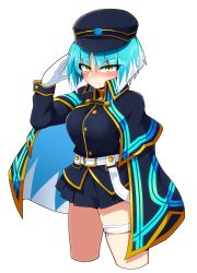 Rule 34 | 1girl, absurdres, agu (antyosan), asagi (bombergirl), belt, black skirt, blue hair, blush, bombergirl, breasts, cape, clip studio paint (medium), closed mouth, cowboy shot, cropped legs, gloves, hand up, hat, highres, looking at viewer, medium breasts, multicolored hair, pleated skirt, short hair, simple background, skirt, slit pupils, solo, streaked hair, sweat, white gloves, white legwear, yellow eyes