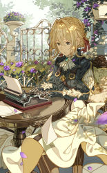 Rule 34 | 10s, 1girl, belt, blonde hair, blue dress, bolo tie, braid, cheese kang, dress, flower, green eyes, hair ribbon, highres, md5 mismatch, mechanical arms, papers, resolution mismatch, ribbon, sitting, skirt, solo, source larger, table, typing, violet evergarden, violet evergarden (series), white skirt