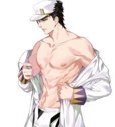 Rule 34 | 1boy, abs, bare shoulders, black hair, blue eyes, collarbone, cowboy shot, earrings, facing to the side, half-closed eyes, hat, highres, jacket, jacket partially removed, jewelry, jojo no kimyou na bouken, jujeop, kuujou joutarou, long sleeves, male focus, navel, open fly, pants, pectorals, short hair, solo, toned, toned male, white background, white hat, white jacket, white pants