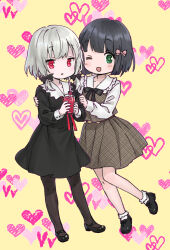 Rule 34 | 2girls, :&lt;, ;d, alternate hair length, alternate hairstyle, ama-tou, amano akari, ankle socks, black bow, black bowtie, black dress, black footwear, black hair, black pantyhose, blunt bangs, blunt ends, blush stickers, bob cut, bobby socks, bow, bowtie, collared dress, cross-laced footwear, cup, dress, drink, drinking blood, drinking straw, frilled shirt collar, frilled socks, frills, full body, green eyes, grey hair, hair bow, hair ribbon, hands on another&#039;s arms, hands on another&#039;s shoulders, hands up, heart, heart background, highres, holding, holding cup, holding drink, leg up, legs apart, long sleeves, looking at viewer, mary janes, multiple girls, no nose, official art, one eye closed, open mouth, oxfords, pale skin, pantyhose, parted lips, pink bow, plaid, puffy long sleeves, puffy sleeves, red eyes, red ribbon, ribbon, shoelaces, shoes, short hair, sleeve cuffs, smile, socks, sophie twilight, standing, tareme, tonari no kyuuketsuki-san, tress ribbon, triangle mouth, w arms, white socks, wing collar, yellow background
