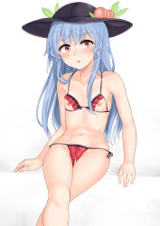 Rule 34 | 1girl, :o, bar censor, bare shoulders, black hat, blue hair, blush, bra, breasts, censored, collarbone, crotchless, crotchless panties, cupless bra, food, fruit, hat, highres, hinanawi tenshi, long hair, looking at viewer, momo retasu, navel, nippleless clothes, nipples, panties, peach, red bra, red eyes, red panties, simple background, sitting, small breasts, solo, sweat, touhou, underwear, white background