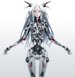 Rule 34 | 10s, 1girl, android, beatless, bodysuit, grey background, highres, long hair, looking at viewer, md5 mismatch, mechanical parts, original, red eyes, redjuice, simple background, skin tight, solo, white hair