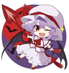 Rule 34 | 1girl, ;d, akisome hatsuka, bat (animal), bat wings, chibi, commentary, fang, full body, hair ribbon, hat, holding, holding weapon, mob cap, one eye closed, open mouth, purple hair, red eyes, red footwear, red ribbon, remilia scarlet, ribbon, shirt, short hair, short sleeves, skirt, smile, solo, spear the gungnir, star (symbol), touhou, weapon, white hat, white shirt, white skirt, wings, wrist cuffs