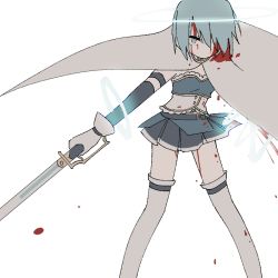 Rule 34 | 1girl, bad id, bad pixiv id, belt, blood, blood drop, blood in hair, blood on clothes, blood on face, blood stain, blood trail, blue belt, blue eyes, blue hair, blue skirt, breasts, cape, circle, expressionless, feet out of frame, floating cape, frills, glowing, hair over one eye, holding, holding sword, holding weapon, legs apart, looking at viewer, magic, mahou shoujo madoka magica, mahou shoujo madoka magica (anime), miki sayaka, muted color, no mouth, no nose, outstretched arm, pleated skirt, short hair, simple background, skirt, small breasts, solo, standing, strapless, sword, thighhighs, weapon, white background, white cape, white thighhighs, yuri7s0, zettai ryouiki