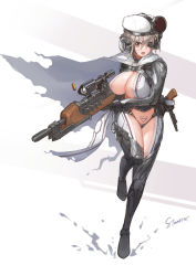 Rule 34 | 1girl, areola slip, breasts, cleavage, full body, gun, hair between eyes, handgun, hat, highres, holstered, large breasts, pubic tattoo, revealing clothes, revolver, scope, simple background, solo, stmast, tattoo, thighs, weapon, white hat