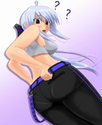Rule 34 | 1girl, ?, ??, artist request, ass, belt, blush, breasts, butt crack, from behind, highres, huge ass, large breasts, long hair, looking back, looking down, open mouth, pants, pantylines, ponytail, red eyes, ribbon, sideboob, silver hair, tight clothes, tight pants, vocaloid, yowane haku